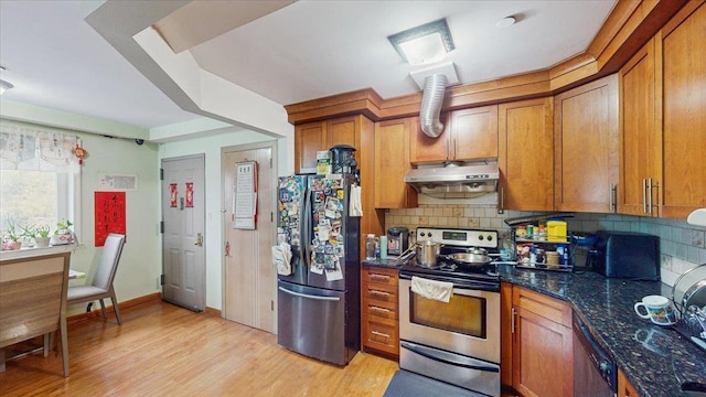 143-36 37th Ave Unit 5C, Flushing, NY 11354 - kitchen featuring tasteful backsplash, stainless steel appliances, under cabinet range hood, and brown cabinets