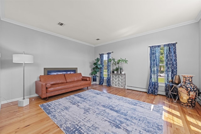 3 Kings Dr, Middletown, NY 10941 - living area with wood finished floors, plenty of natural light, ornamental molding, a baseboard radiator, and baseboards