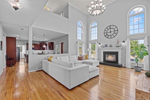 3 Kings Dr, Middletown, NY 10941 - living room featuring a baseboard radiator, light wood-style flooring, healthy amount of natural light, ornamental molding, and a glass covered fireplace