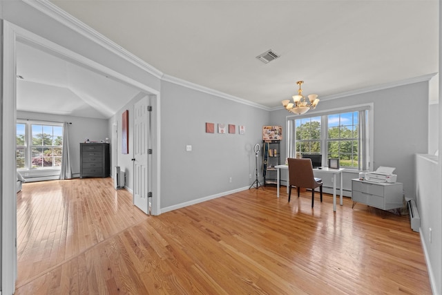 3 Kings Dr, Middletown, NY 10941 - office with a baseboard heating unit, a chandelier, plenty of natural light, light wood finished floors, and crown molding