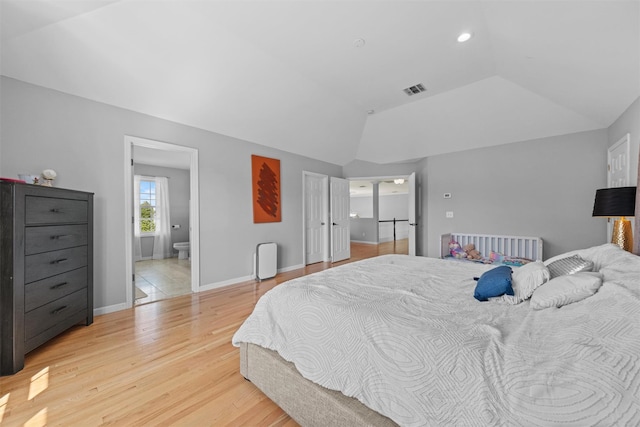 3 Kings Dr, Middletown, NY 10941 - bedroom with light wood-style floors, lofted ceiling, ensuite bath, recessed lighting, and baseboards