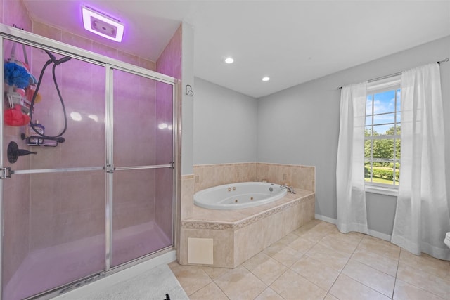 3 Kings Dr, Middletown, NY 10941 - bathroom with tile patterned floors, a stall shower, a whirlpool tub, recessed lighting, and baseboards
