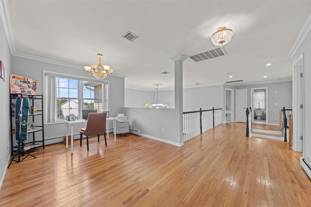 3 Kings Dr, Middletown, NY 10941 - dining area with a chandelier, light wood-style flooring, crown molding, baseboards, and a baseboard heating unit