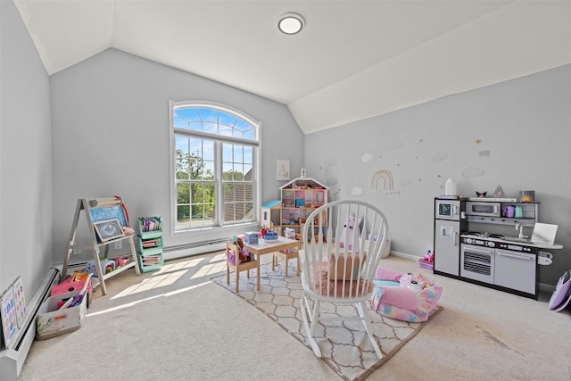 3 Kings Dr, Middletown, NY 10941 - rec room with vaulted ceiling, carpet floors, and a baseboard radiator