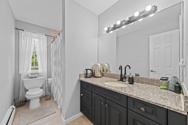3 Kings Dr, Middletown, NY 10941 - full bathroom with baseboard heating, tile patterned floors, vanity, toilet, and baseboards