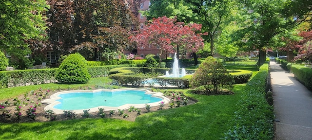 view of pool featuring a lawn