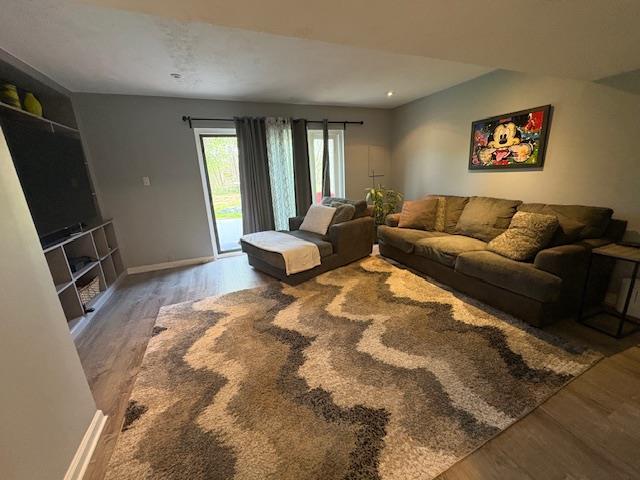 living room featuring wood finished floors and baseboards