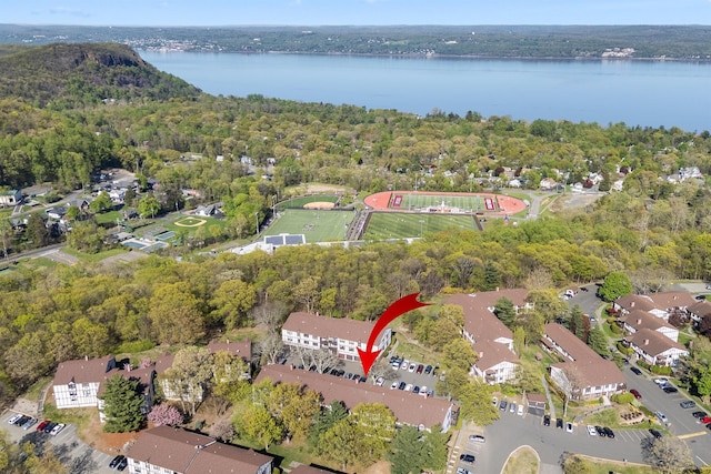 birds eye view of property with a water view and a forest view