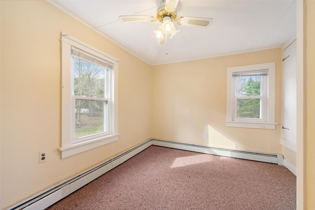 624 Katrina Falls Rd, Rock Hill, NY 12775 - carpeted empty room featuring crown molding, ceiling fan, and baseboard heating