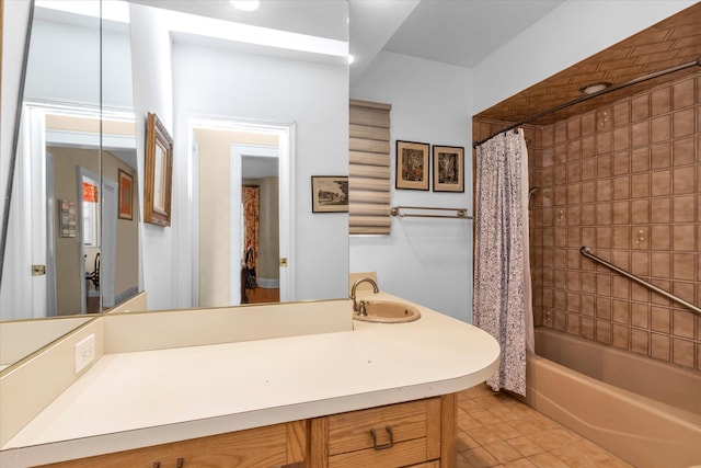 bathroom with tile patterned floors, shower / bath combo, and vanity