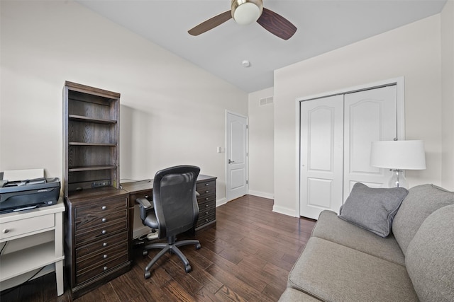 13 Sage Ct, Middletown, NY 10940 - office space featuring ceiling fan, baseboards, vaulted ceiling, dark wood-type flooring, and visible vents