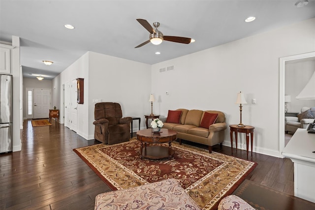 13 Sage Ct, Middletown, NY 10940 - living room with a ceiling fan, visible vents, baseboards, dark wood-style floors, and recessed lighting