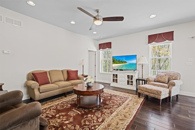 13 Sage Ct, Middletown, NY 10940 - living area featuring ceiling fan, recessed lighting, baseboards, visible vents, and dark wood-style floors
