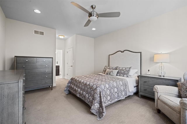 13 Sage Ct, Middletown, NY 10940 - bedroom with visible vents, light carpet, ceiling fan, recessed lighting, and ensuite bath