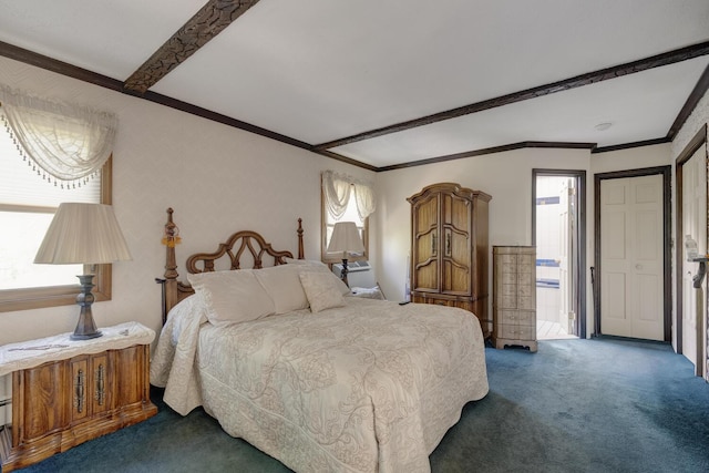 bedroom featuring crown molding, carpet floors, multiple windows, and beamed ceiling