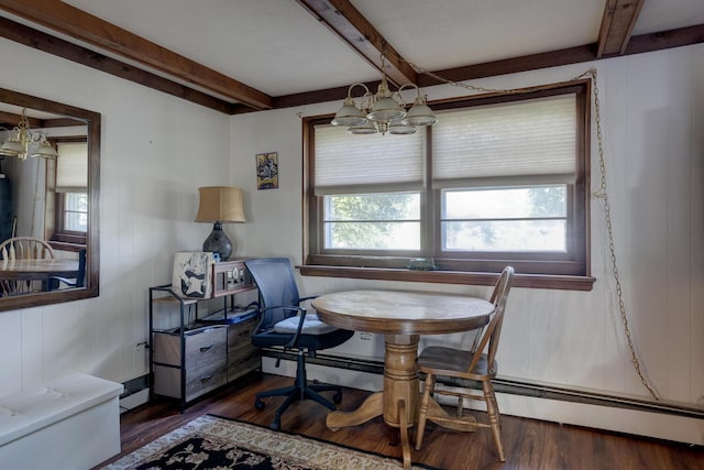 dining room featuring dark wood-style floors, beam ceiling, and a chandelier