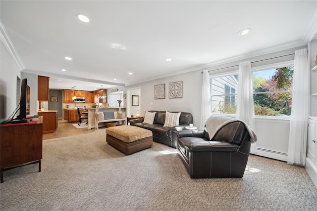 living room with recessed lighting, a baseboard radiator, light carpet, and ornamental molding