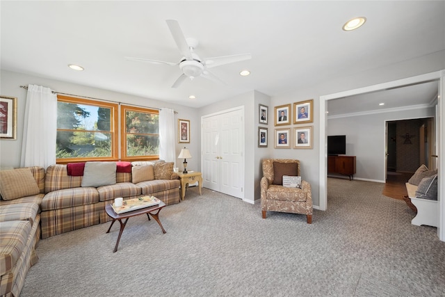 living room with recessed lighting, carpet flooring, baseboards, and ceiling fan