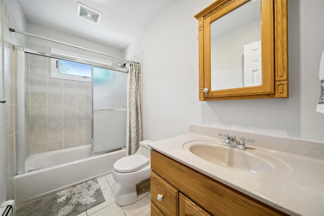 full bathroom featuring shower / tub combination, vanity, toilet, tile patterned floors, and visible vents