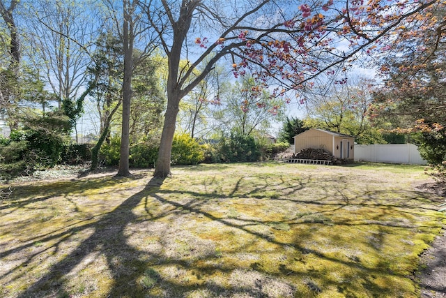 view of yard with fence and an outbuilding