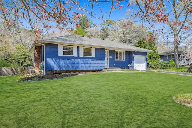 ranch-style home featuring a front lawn, a garage, driveway, a chimney, and fence
