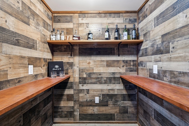 wine room featuring a dry bar and wood walls