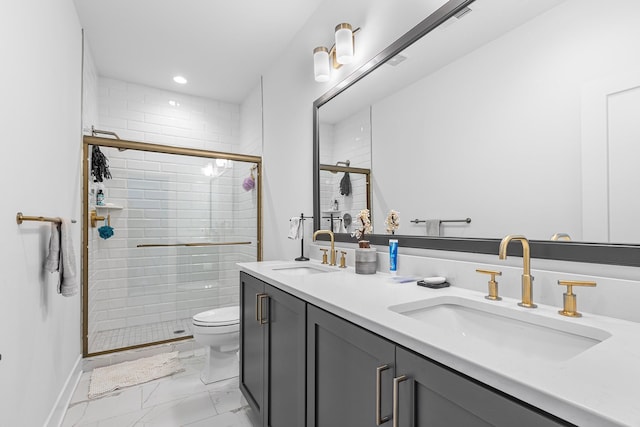 full bathroom featuring a sink, marble finish floor, and a stall shower