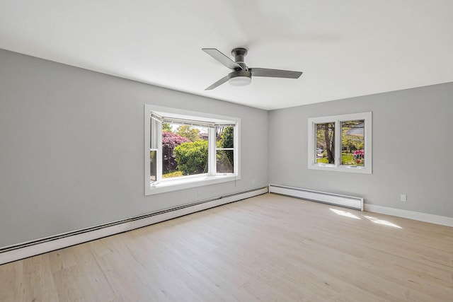 empty room featuring baseboard heating, wood finished floors, a ceiling fan, and baseboards