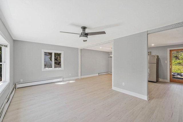 unfurnished living room featuring a baseboard radiator, a baseboard heating unit, ceiling fan, light wood-style floors, and recessed lighting