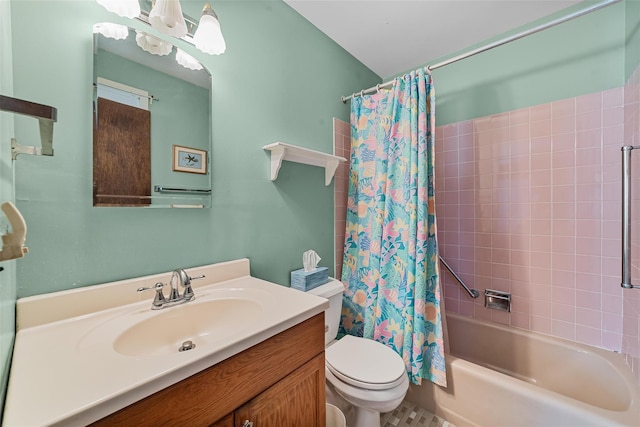 bathroom with vanity, toilet, and shower / bath combination with curtain