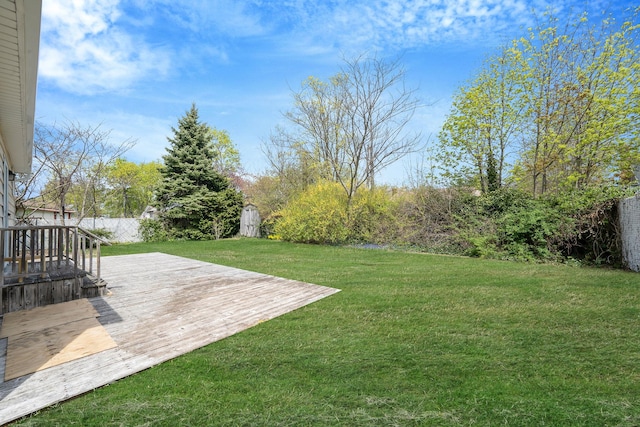 view of yard with fence and a wooden deck