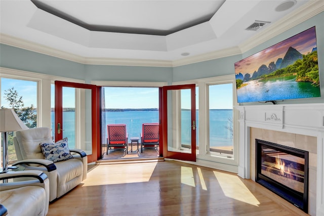 living area featuring visible vents, a glass covered fireplace, a healthy amount of sunlight, and a raised ceiling