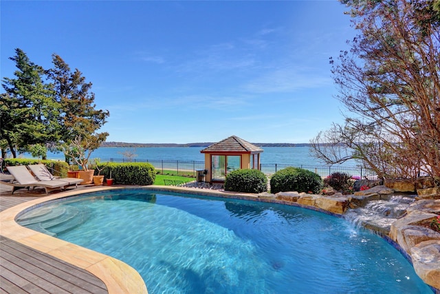 view of pool featuring a fenced in pool, fence, and a gazebo
