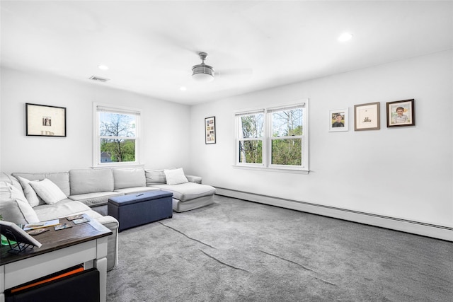 living room featuring carpet, visible vents, baseboard heating, ceiling fan, and recessed lighting