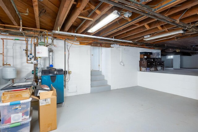unfinished below grade area with concrete block wall and a heating unit