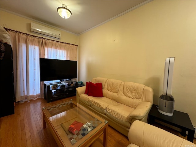 18-24 College Point Blvd, College Point, NY 11356 - living area featuring ornamental molding, a wall unit AC, and wood-type flooring