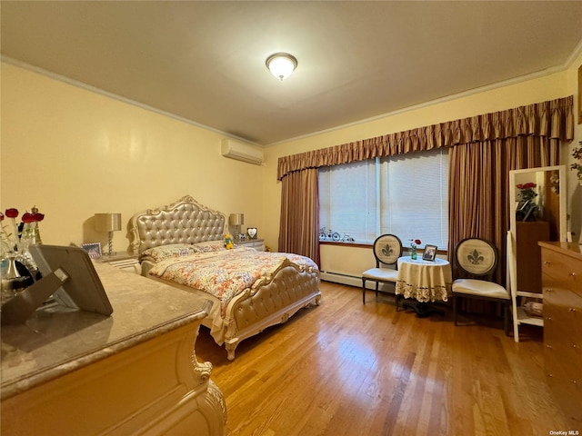 18-24 College Point Blvd, College Point, NY 11356 - bedroom with a wall mounted air conditioner, baseboard heating, wood finished floors, and ornamental molding