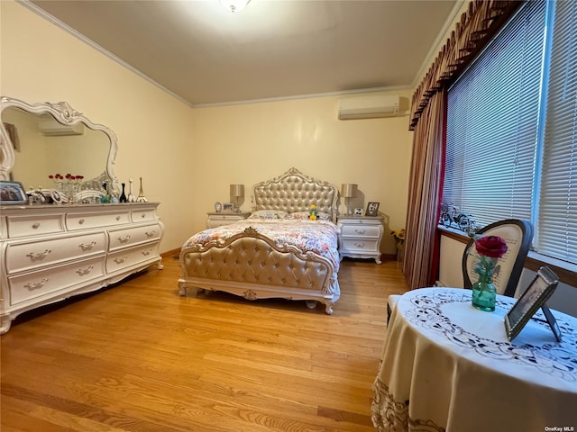 18-24 College Point Blvd, College Point, NY 11356 - bedroom featuring an AC wall unit, wood finished floors, and crown molding