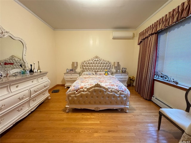 18-24 College Point Blvd, College Point, NY 11356 - bedroom with a wall mounted AC, crown molding, baseboard heating, and light wood-type flooring