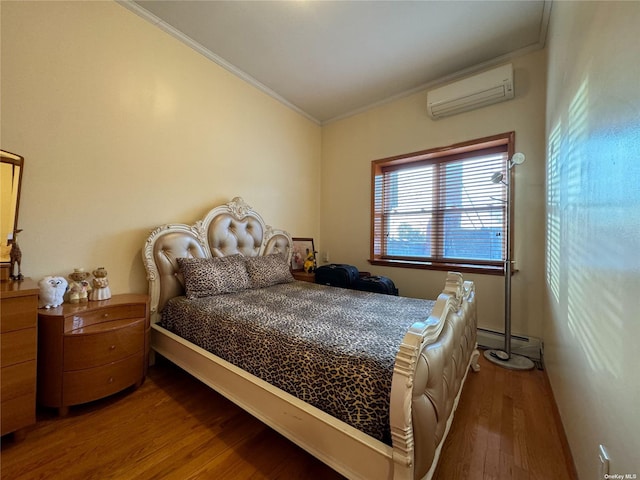 18-24 College Point Blvd, College Point, NY 11356 - bedroom with crown molding, a wall mounted air conditioner, wood finished floors, and a baseboard radiator