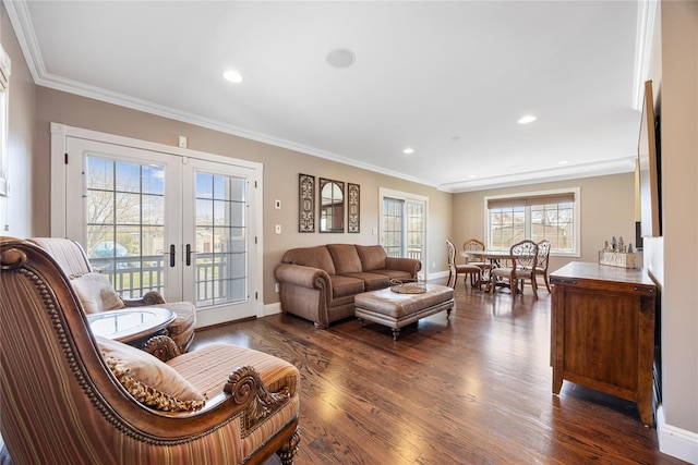 83 Central Ave, Amityville, NY 11701 - living room with ornamental molding, baseboards, french doors, and dark wood-type flooring
