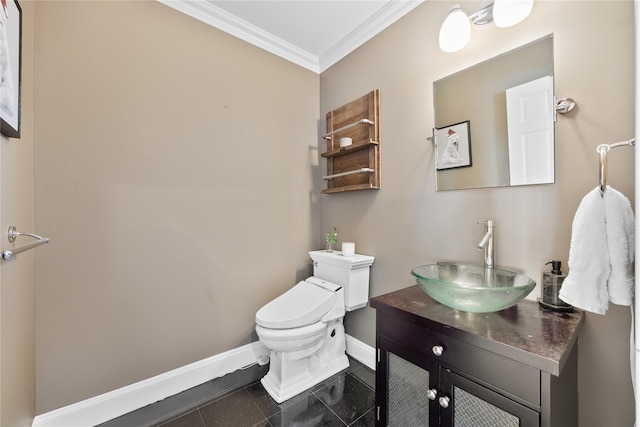 83 Central Ave, Amityville, NY 11701 - bathroom with granite finish floor, baseboards, toilet, ornamental molding, and vanity