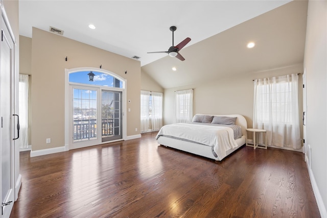 83 Central Ave, Amityville, NY 11701 - bedroom with lofted ceiling, visible vents, ceiling fan, access to exterior, and dark wood-type flooring