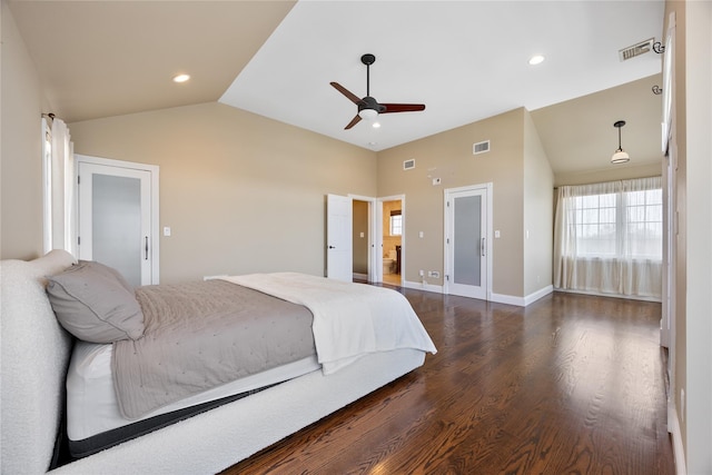 83 Central Ave, Amityville, NY 11701 - bedroom featuring visible vents, ceiling fan, dark wood-style floors, recessed lighting, and high vaulted ceiling