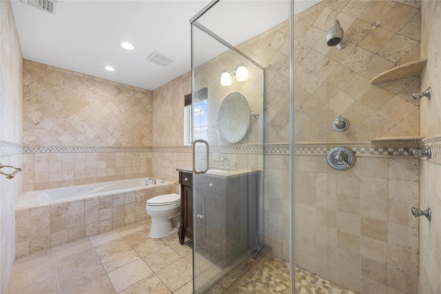 83 Central Ave, Amityville, NY 11701 - full bathroom with tile walls, a shower stall, vanity, a bath, and visible vents