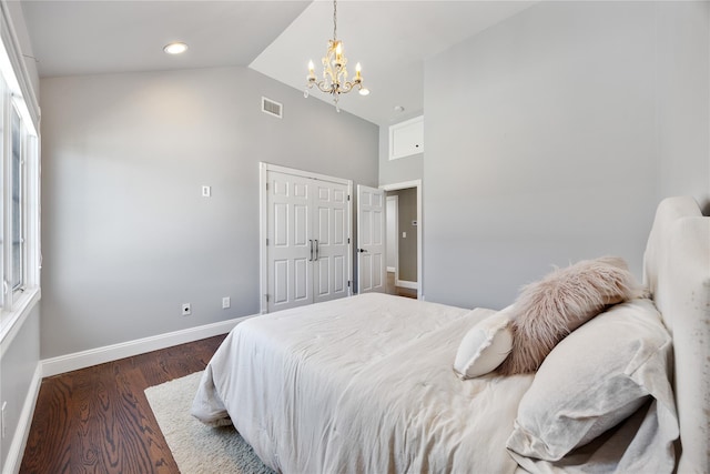 83 Central Ave, Amityville, NY 11701 - bedroom with baseboards, visible vents, a notable chandelier, dark wood-type flooring, and high vaulted ceiling