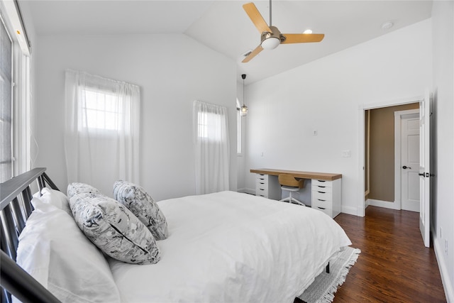 83 Central Ave, Amityville, NY 11701 - bedroom with dark wood-style flooring, ceiling fan, vaulted ceiling, and baseboards