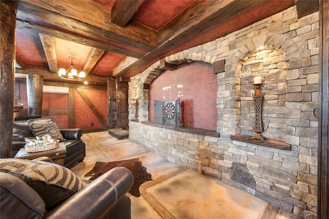 83 Central Ave, Amityville, NY 11701 - living room featuring beam ceiling, an inviting chandelier, concrete floors, and wood ceiling