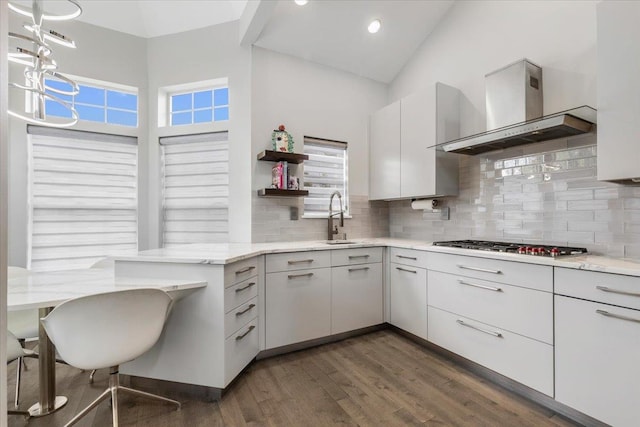 kitchen with wall chimney range hood, a sink, high vaulted ceiling, dark wood finished floors, and backsplash