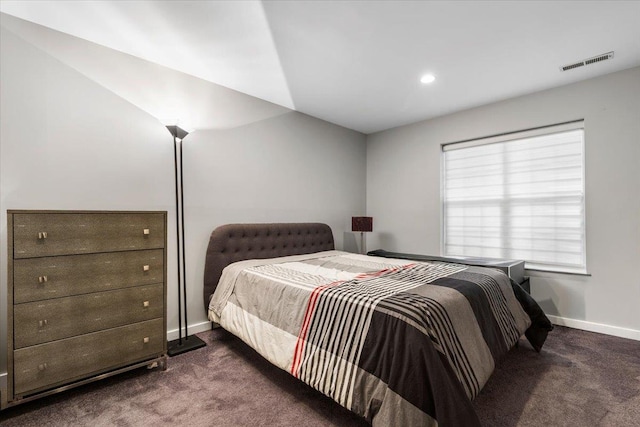 carpeted bedroom featuring recessed lighting, baseboards, and visible vents